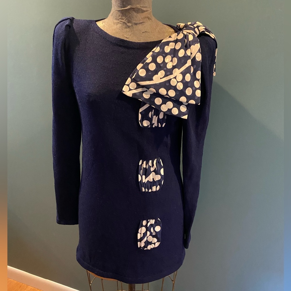 Raul Blanco vintage Navy Sweater Dress with Polka Dot Accents